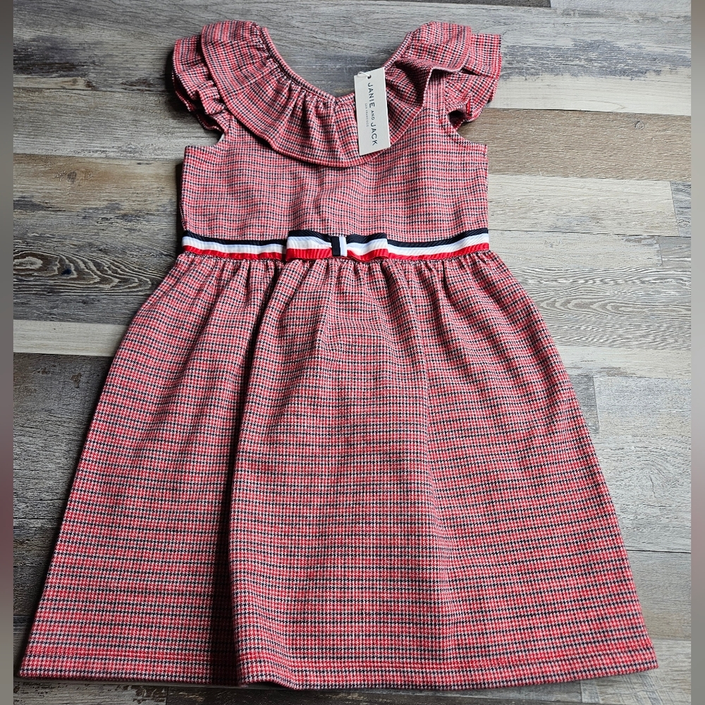 Janie And Jack NEW Jacquard Houndstooth Dress Size 6 Red Blue White